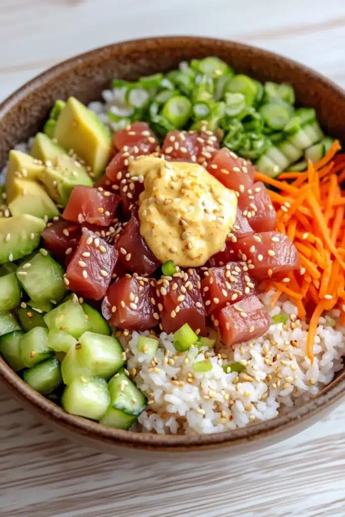 Tuna poke bowl spicy mayo - the image is a close-up of a bowl of food. the bowl is made of dark brown ceramic and is placed on a white wooden table. the food in the bowl appears to be a salad with a variety of ingredients. on top of the salad, there are sliced avocado, sliced cucumbers, sliced carrots, and sliced green onions. there is also a dollop of yellow sauce on top. the salad is topped with sesame seeds and sesame seed. the colors of the ingredients are vibrant and the dish looks fresh and appetizing.