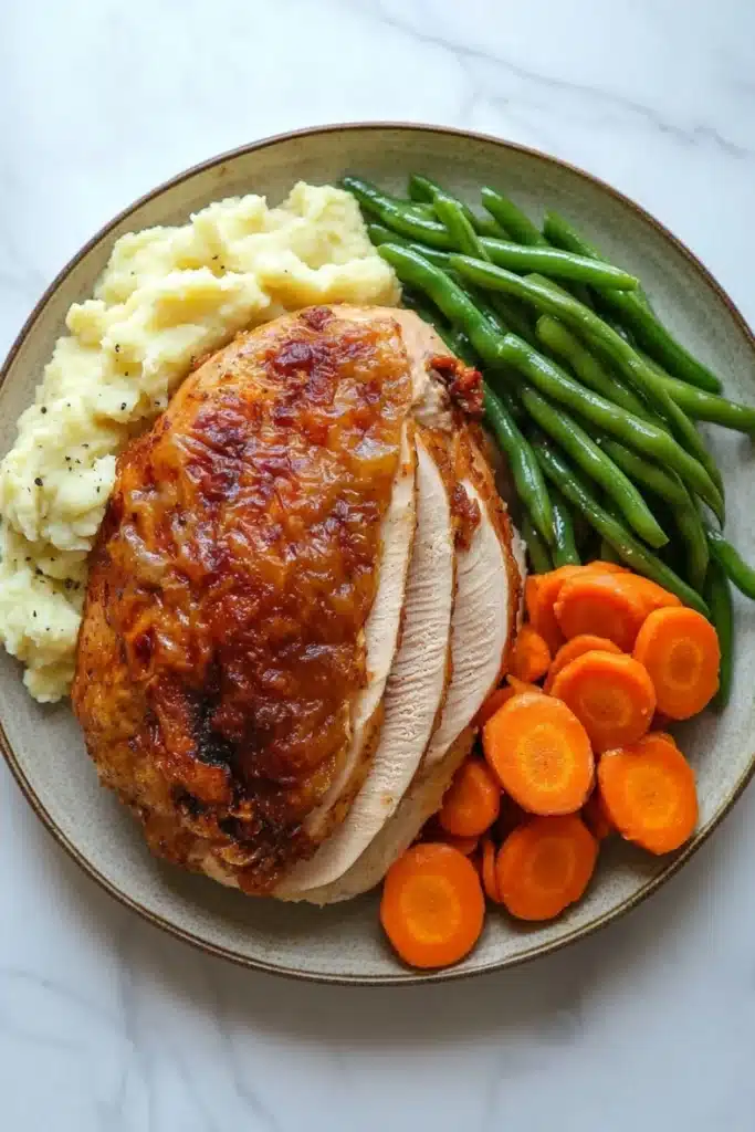 Turkey dinners - the image shows a plate of food on a white marble countertop. on the left side of the plate, there is a serving of mashed potatoes with green beans and sliced carrots. the mashed potatoes are golden brown and appear to be seasoned with herbs and spices. the green beans are bright green and look fresh and vibrant. the carrots are cut into small cubes and are arranged in a pile on the plate. the plate is round and has a beige rim.