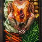 Turkey dinners - the image shows a roasted turkey on a baking tray. the turkey is golden brown and appears to be seasoned with herbs and spices. it is surrounded by mashed potatoes, green beans, and carrots. the tray is placed on a wooden table. the overall presentation of the dish is elegant and appetizing.