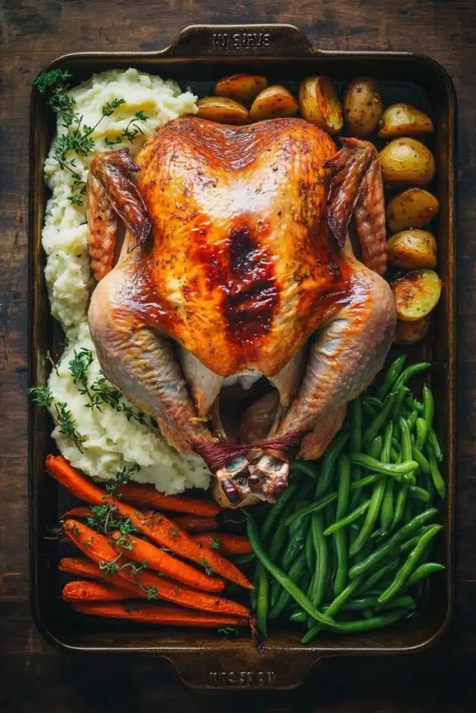 Turkey dinners - the image shows a roasted turkey on a baking tray. the turkey is golden brown and appears to be seasoned with herbs and spices. it is surrounded by mashed potatoes, green beans, and carrots. the tray is placed on a wooden table. the overall presentation of the dish is elegant and appetizing.