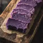 Ube shortbread cookie - the image shows a wooden cutting board with six pieces of purple-colored cake on it. the cake appears to be freshly baked and has a smooth texture. the slices are arranged in a neat row and are placed on a piece of parchment paper. the background is dark and out of focus, making the cake stand out. the overall mood of the image is rustic and appetizing.