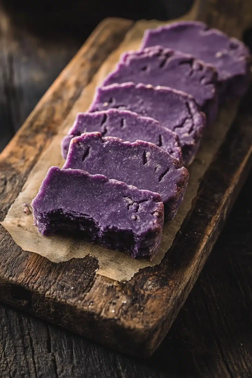 Ube shortbread cookie - the image shows a wooden cutting board with six pieces of purple-colored cake on it. the cake appears to be freshly baked and has a smooth texture. the slices are arranged in a neat row and are placed on a piece of parchment paper. the background is dark and out of focus, making the cake stand out. the overall mood of the image is rustic and appetizing.