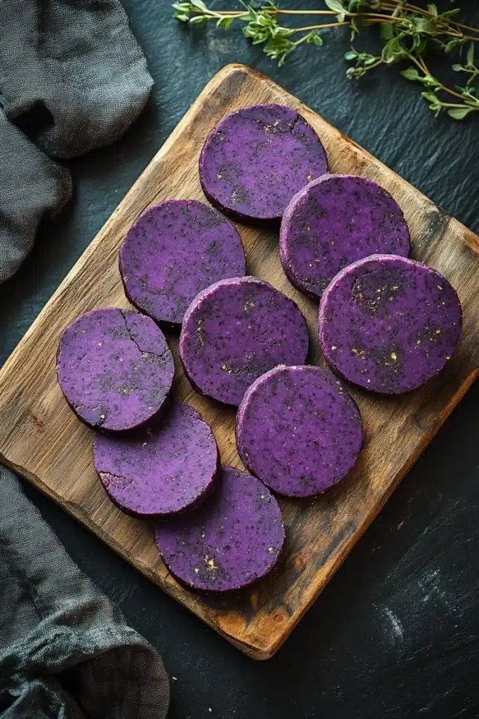 Ube shortbread cookie - the image shows a wooden cutting board with six round, purple-colored slices arranged in a circular pattern on it. the slices appear to be freshly cut and have a glossy texture. the cutting board is placed on a black slate surface, and there is a sprig of thyme on the right side of the image. a gray cloth napkin is visible on the left side. the overall aesthetic is rustic and minimalistic.