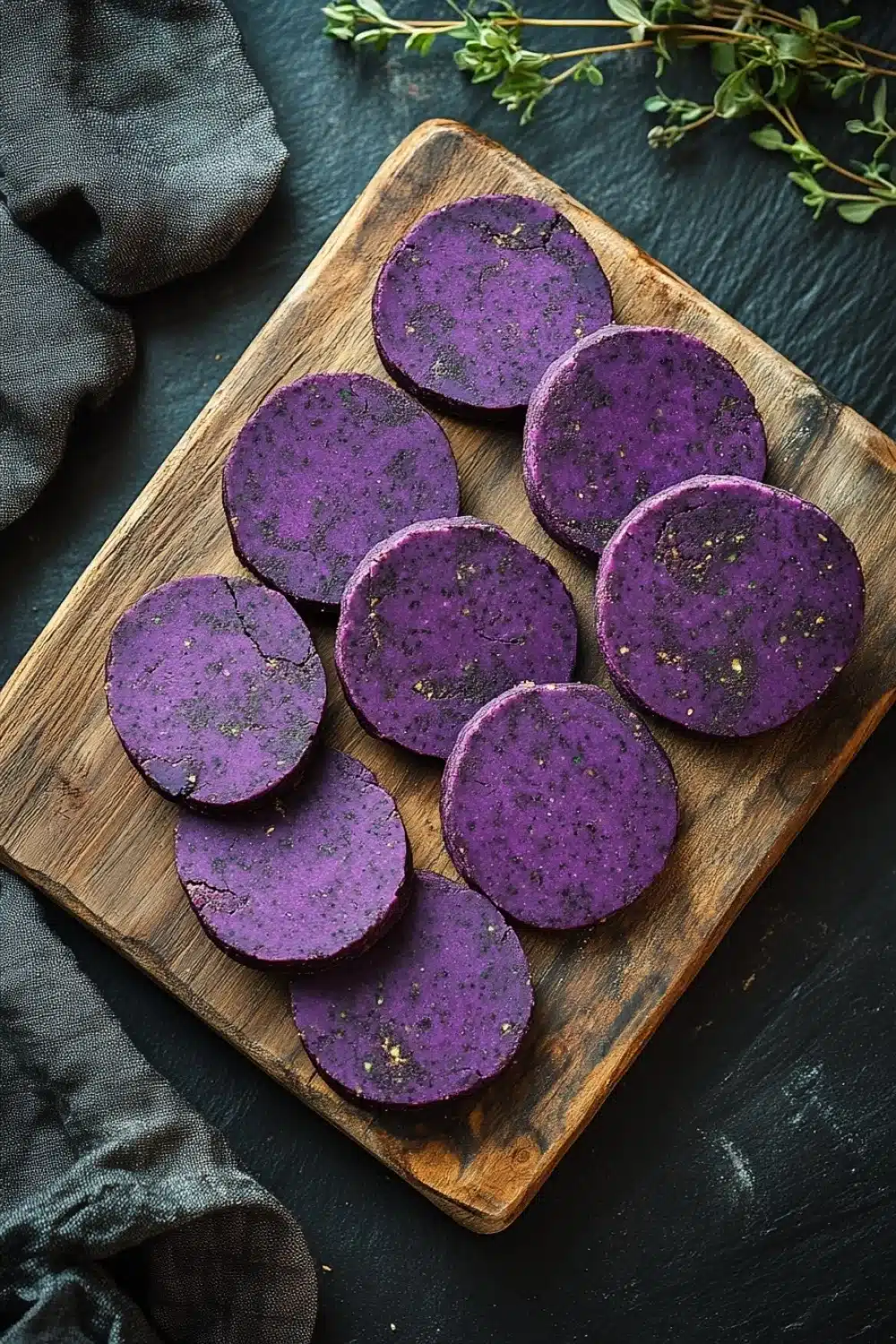 Ube shortbread cookie - the image shows a wooden cutting board with six round, purple-colored slices arranged in a circular pattern on it. the slices appear to be freshly cut and have a glossy texture. the cutting board is placed on a black slate surface, and there is a sprig of thyme on the right side of the image. a gray cloth napkin is visible on the left side. the overall aesthetic is rustic and minimalistic.
