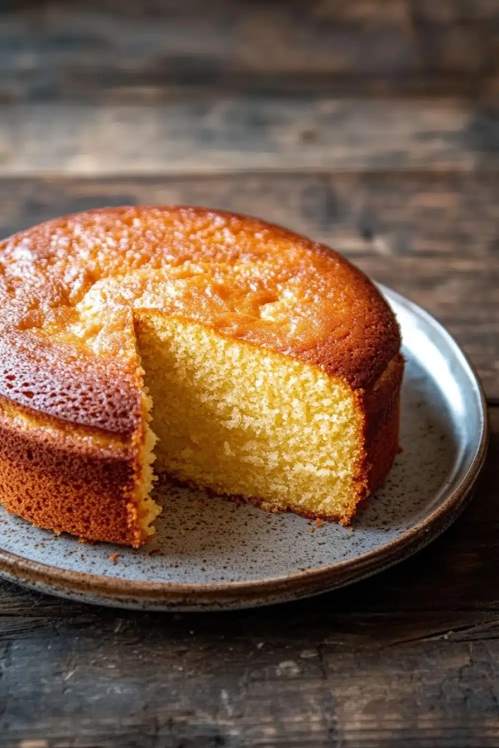 Vanilla cake scratch - the image is of a round cake on a silver plate. the cake appears to be freshly baked and has a golden brown crust on top. a slice of the cake is cut out, revealing the soft, fluffy interior. the plate is placed on a wooden table with a rustic, weathered look. the background is blurred, making the cake the focal point of the image.