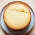 Vanilla cake scratch - the image is a close-up of a round cake on a white plate. the cake appears to be freshly baked and has a golden-brown crust on top. the plate is placed on a wooden table with a light-colored surface. the background is blurred, making the cake the focal point of the image.