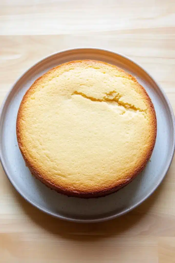Vanilla cake scratch - the image is a close-up of a round cake on a white plate. the cake appears to be freshly baked and has a golden-brown crust on top. the plate is placed on a wooden table with a light-colored surface. the background is blurred, making the cake the focal point of the image.