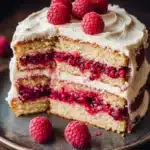 Vanilla cake with raspberry filling - the image is of a slice of cake on a wooden table. the cake has a golden brown crust and is topped with a generous layer of white frosting. the frosting is drizzled over the top of the cake and is decorated with fresh raspberries. there are a few whole rasp berries scattered around the plate, adding a pop of color to the image. a fork is resting on the side of the plate. the background is blurred, but it appears to be a rustic kitchen countertop.