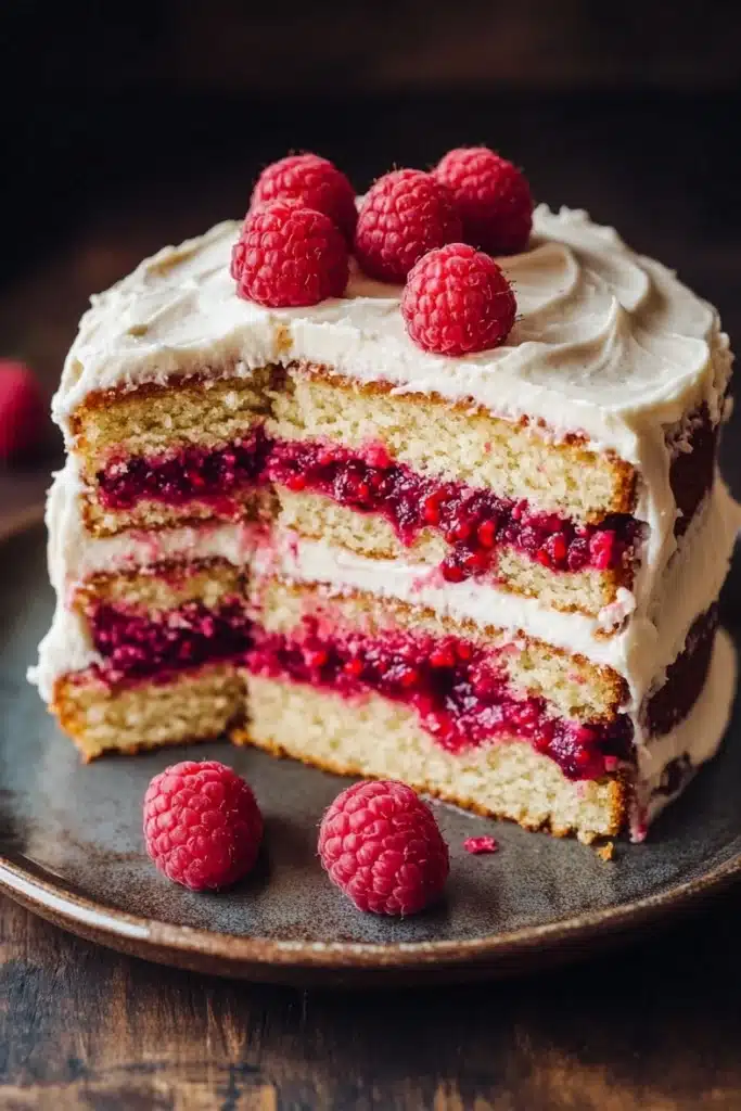 Vanilla cake with raspberry filling - the image is of a slice of cake on a wooden table. the cake has a golden brown crust and is topped with a generous layer of white frosting. the frosting is drizzled over the top of the cake and is decorated with fresh raspberries. there are a few whole rasp berries scattered around the plate, adding a pop of color to the image. a fork is resting on the side of the plate. the background is blurred, but it appears to be a rustic kitchen countertop.