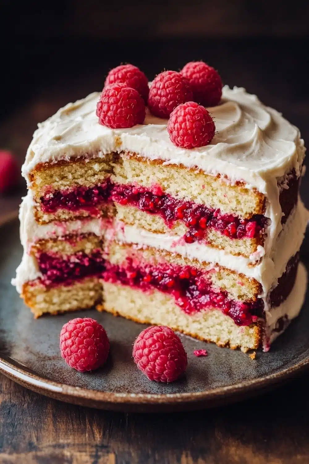 Vanilla cake with raspberry filling - the image is of a slice of cake on a wooden table. the cake has a golden brown crust and is topped with a generous layer of white frosting. the frosting is drizzled over the top of the cake and is decorated with fresh raspberries. there are a few whole rasp berries scattered around the plate, adding a pop of color to the image. a fork is resting on the side of the plate. the background is blurred, but it appears to be a rustic kitchen countertop.