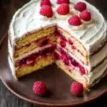 Vanilla cake with raspberry filling - the image is of a round cake with a slice taken out of it. the cake is on a brown plate and is placed on a wooden table. the top of the cake is covered in a white frosting with raspberries scattered on top. the frosting appears to be smooth and fluffy, and the cake itself is a light yellow color with a layer of red berries on the bottom. there are a few whole rasp berries scattered around the plate, adding a pop of color to the image. the background is dark, making the cake stand out even more.