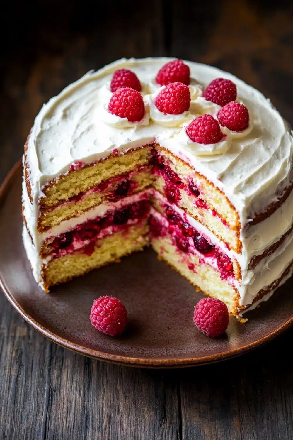 Vanilla cake with raspberry filling - the image is of a round cake with a slice taken out of it. the cake is on a brown plate and is placed on a wooden table. the top of the cake is covered in a white frosting with raspberries scattered on top. the frosting appears to be smooth and fluffy, and the cake itself is a light yellow color with a layer of red berries on the bottom. there are a few whole rasp berries scattered around the plate, adding a pop of color to the image. the background is dark, making the cake stand out even more.