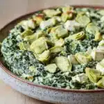 Vegan spinach artichoke dip with tofu - the image is a close-up of a dish in a round ceramic dish. the dish appears to be a quiche or dip, with a green and white speckled pattern on the rim. the quiche is topped with artichokes and crumbled feta cheese. the artichoke pieces are arranged in a circular pattern, with some overlapping each other. the cheese is crumbled and scattered throughout the dish, creating a creamy texture. the background is a wooden table, and the overall color scheme of the dish is warm and inviting.