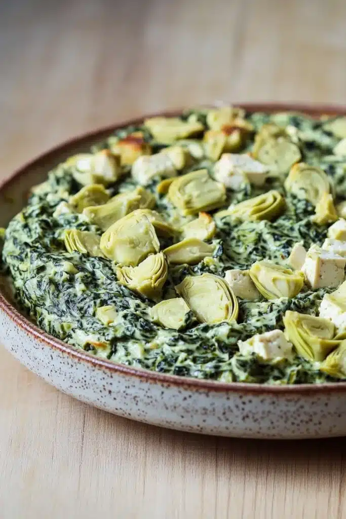 Vegan spinach artichoke dip with tofu - the image is a close-up of a dish in a round ceramic dish. the dish appears to be a quiche or dip, with a green and white speckled pattern on the rim. the quiche is topped with artichokes and crumbled feta cheese. the artichoke pieces are arranged in a circular pattern, with some overlapping each other. the cheese is crumbled and scattered throughout the dish, creating a creamy texture. the background is a wooden table, and the overall color scheme of the dish is warm and inviting.