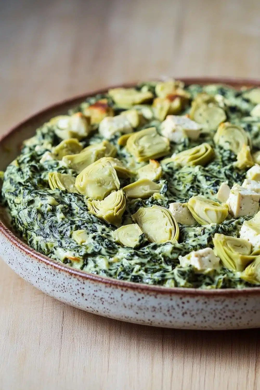 Vegan spinach artichoke dip with tofu - the image is a close-up of a dish in a round ceramic dish. the dish appears to be a quiche or dip, with a green and white speckled pattern on the rim. the quiche is topped with artichokes and crumbled feta cheese. the artichoke pieces are arranged in a circular pattern, with some overlapping each other. the cheese is crumbled and scattered throughout the dish, creating a creamy texture. the background is a wooden table, and the overall color scheme of the dish is warm and inviting.