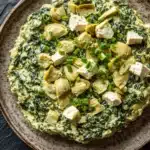 Vegan spinach artichoke dip with tofu - the image is a close-up of an omelette in a brown ceramic bowl. the omelet is made with artichokes, spinach, and feta cheese, and is garnished with chopped green onions. the bowl is sitting on a dark grey textured surface, and there are a few sprigs of fresh green onions scattered around the bowl.