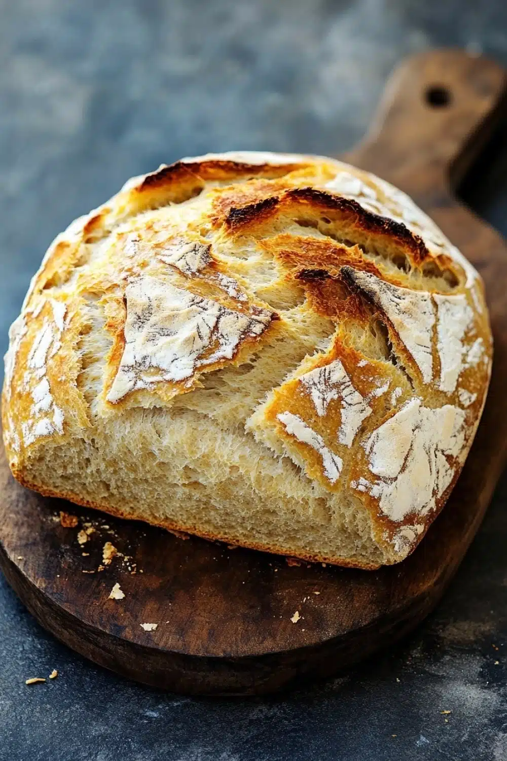 Vegan yeast bread - the image shows a freshly baked loaf of bread on a wooden cutting board. the bread appears to be freshly baked, with a golden brown crust and a soft, fluffy interior. the top of the bread is covered in a layer of melted cheese, which is visible on the surface. the cutting board is placed on a dark, textured surface, possibly a table or countertop. the background is blurred, making the bread the focal point of the image.
