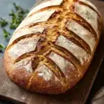 Vegan yeast bread - the image shows a freshly baked loaf of bread on a wooden cutting board. the bread is golden brown in color and has a criss-cross pattern on the top and sides. it appears to be freshly baked and is sitting on a dark grey countertop. there are a few sprigs of thyme scattered around the cutting board, adding a pop of green color to the image. a white cloth napkin is visible on the right side of the image, suggesting that the bread is ready to be served.