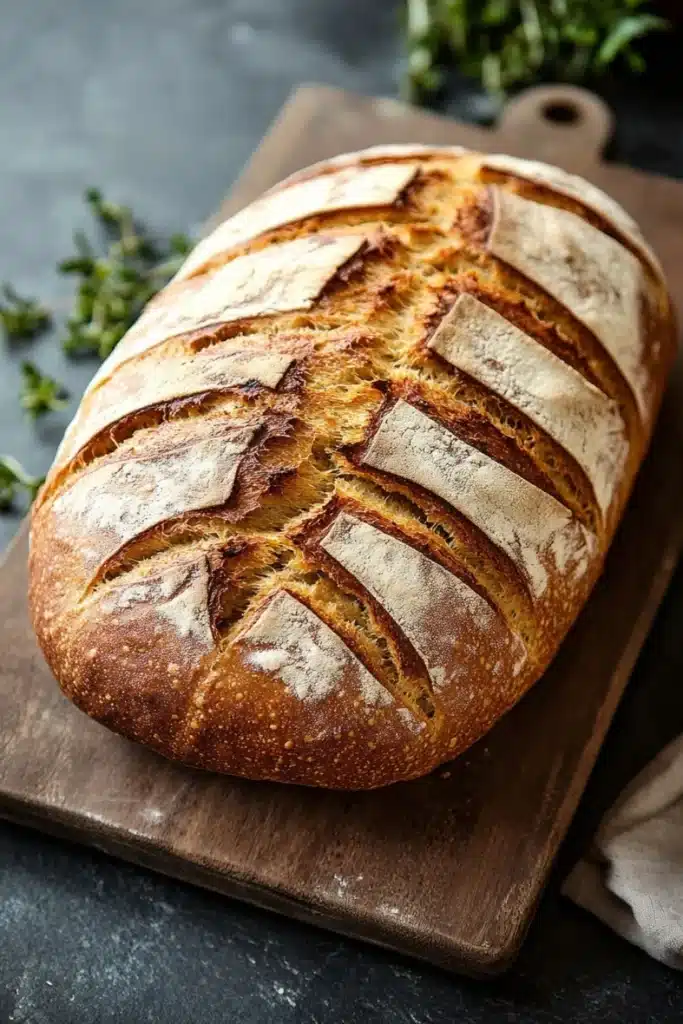 Vegan yeast bread - the image shows a freshly baked loaf of bread on a wooden cutting board. the bread is golden brown in color and has a criss-cross pattern on the top and sides. it appears to be freshly baked and is sitting on a dark grey countertop. there are a few sprigs of thyme scattered around the cutting board, adding a pop of green color to the image. a white cloth napkin is visible on the right side of the image, suggesting that the bread is ready to be served.