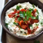 Whipped feta and roasted red pepper dip - the image is a close-up of a bowl of hummus. the bowl is made of dark brown ceramic and is placed on a wooden surface. the hummus is white and fluffy, and it is topped with sliced red bell peppers and a sprig of fresh parsley. there is also a sprinkle of red chili powder on top of the hummus, adding a pop of color to the dish. the background is blurred, but it appears to be a kitchen countertop.
