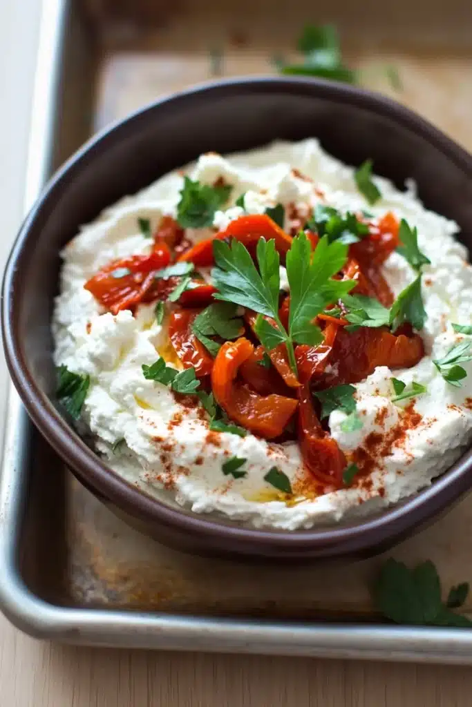 Whipped feta and roasted red pepper dip - the image is a close-up of a bowl of hummus. the bowl is made of dark brown ceramic and is placed on a wooden surface. the hummus is white and fluffy, and it is topped with sliced red bell peppers and a sprig of fresh parsley. there is also a sprinkle of red chili powder on top of the hummus, adding a pop of color to the dish. the background is blurred, but it appears to be a kitchen countertop.