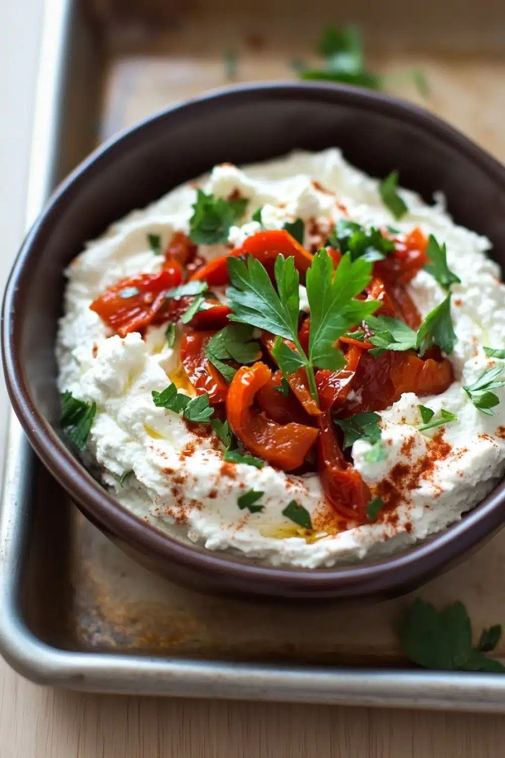 Whipped feta and roasted red pepper dip - the image is a close-up of a bowl of hummus. the bowl is made of dark brown ceramic and is placed on a wooden surface. the hummus is white and fluffy, and it is topped with sliced red bell peppers and a sprig of fresh parsley. there is also a sprinkle of red chili powder on top of the hummus, adding a pop of color to the dish. the background is blurred, but it appears to be a kitchen countertop.