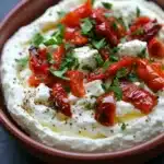 Whipped feta and roasted red pepper dip - the image is a close-up of a bowl of hummus. the bowl is made of terracotta and is placed on a dark grey surface. the hummus is creamy and has a light yellow color. on top of the hummus, there are small chunks of red bell peppers and a sprig of fresh parsley. the peppers are arranged in a circular pattern and appear to be seasoned with herbs and spices. the dish looks appetizing and ready to eat.