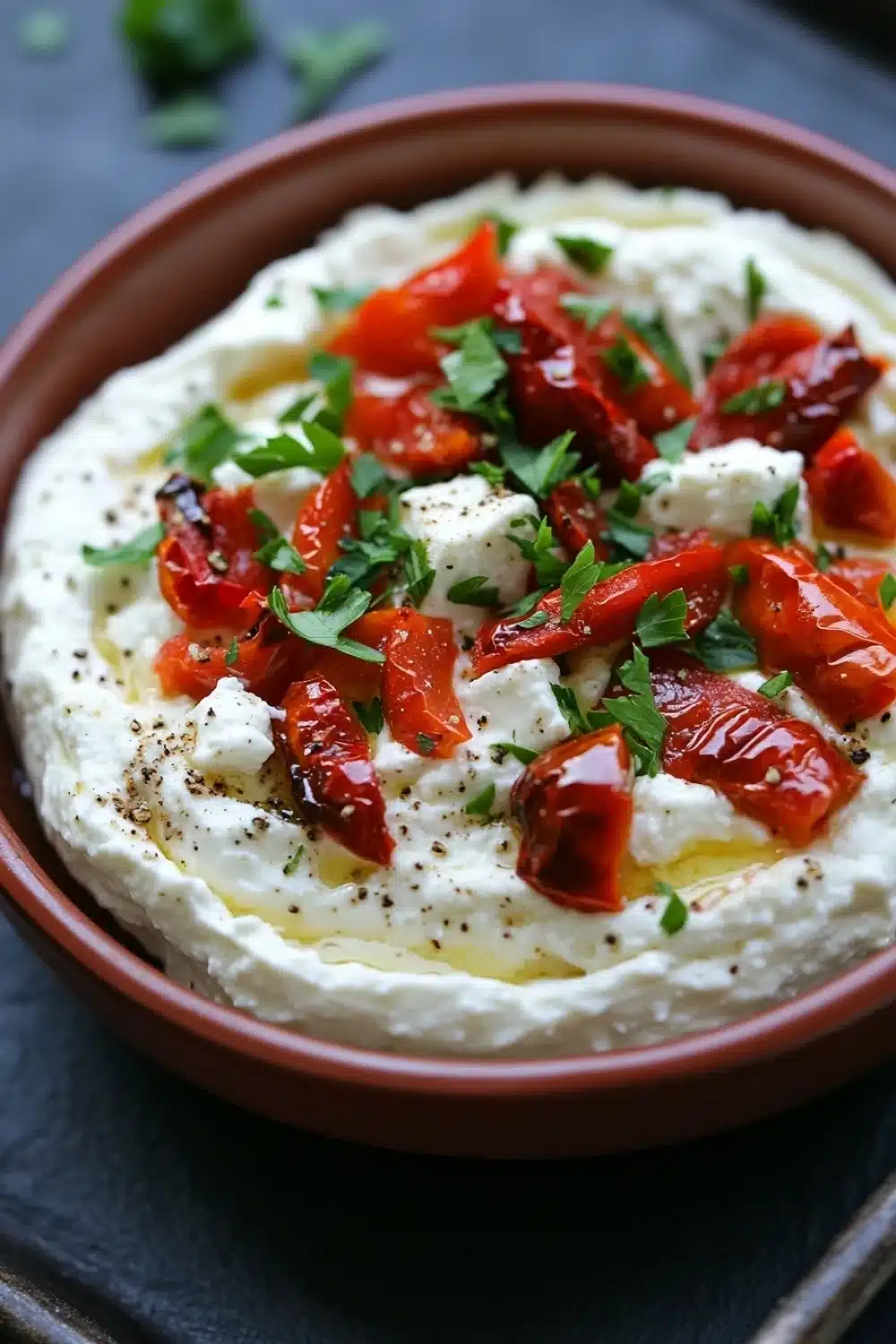 Whipped feta and roasted red pepper dip - the image is a close-up of a bowl of hummus. the bowl is made of terracotta and is placed on a dark grey surface. the hummus is creamy and has a light yellow color. on top of the hummus, there are small chunks of red bell peppers and a sprig of fresh parsley. the peppers are arranged in a circular pattern and appear to be seasoned with herbs and spices. the dish looks appetizing and ready to eat.