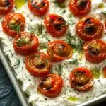 Whipped feta dip roasted tomatoes - the image shows a baking dish filled with roasted cherry tomatoes. the tomatoes are arranged in a circular pattern on top of a bed of creamy white sauce. the sauce appears to be a creamy white color and is drizzled over the top. there are also some dill leaves scattered throughout the dish, adding a pop of green color to the overall presentation. the dish is sitting on a dark grey countertop.