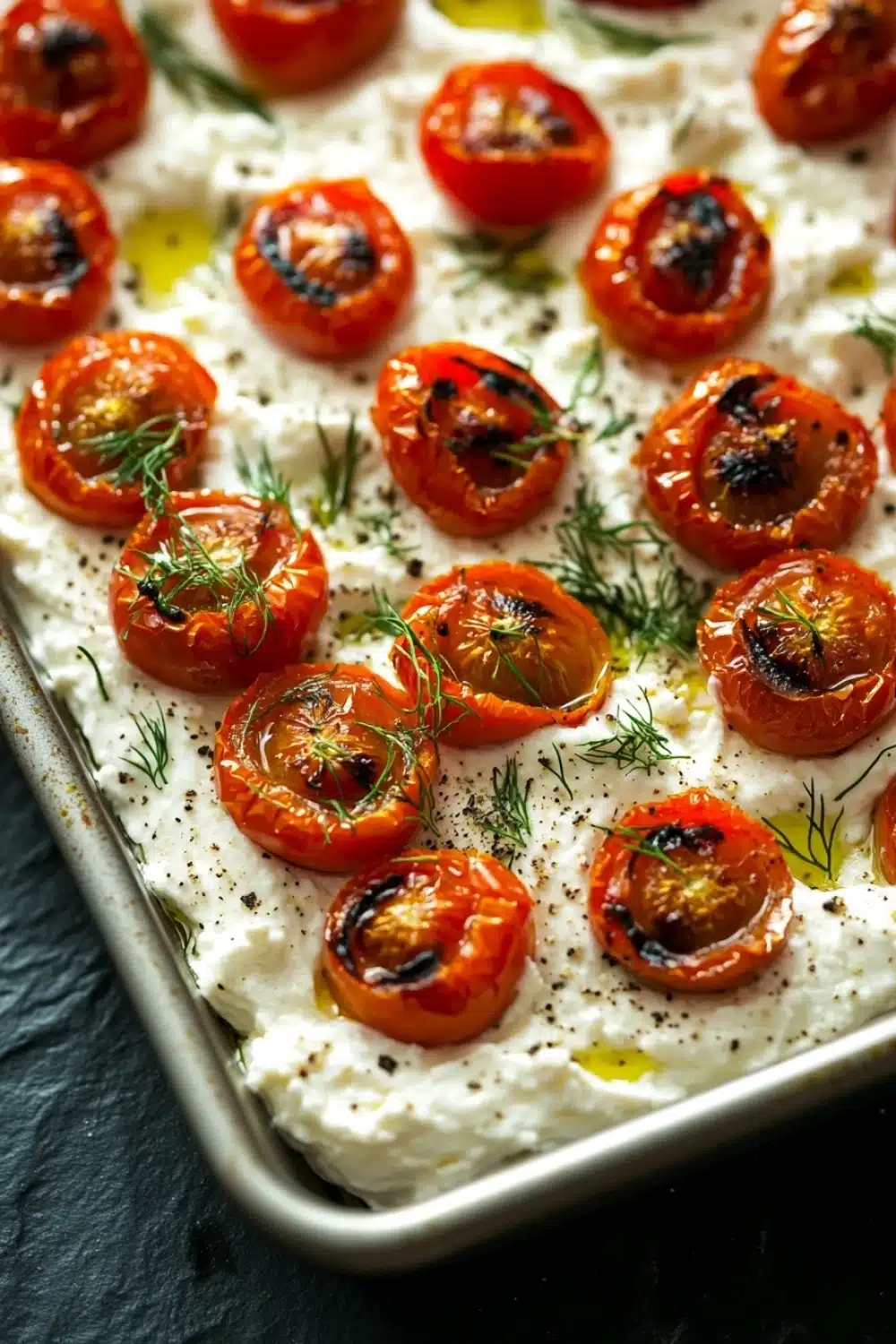 Whipped feta dip roasted tomatoes - the image shows a baking dish filled with roasted cherry tomatoes. the tomatoes are arranged in a circular pattern on top of a bed of creamy white sauce. the sauce appears to be a creamy white color and is drizzled over the top. there are also some dill leaves scattered throughout the dish, adding a pop of green color to the overall presentation. the dish is sitting on a dark grey countertop.