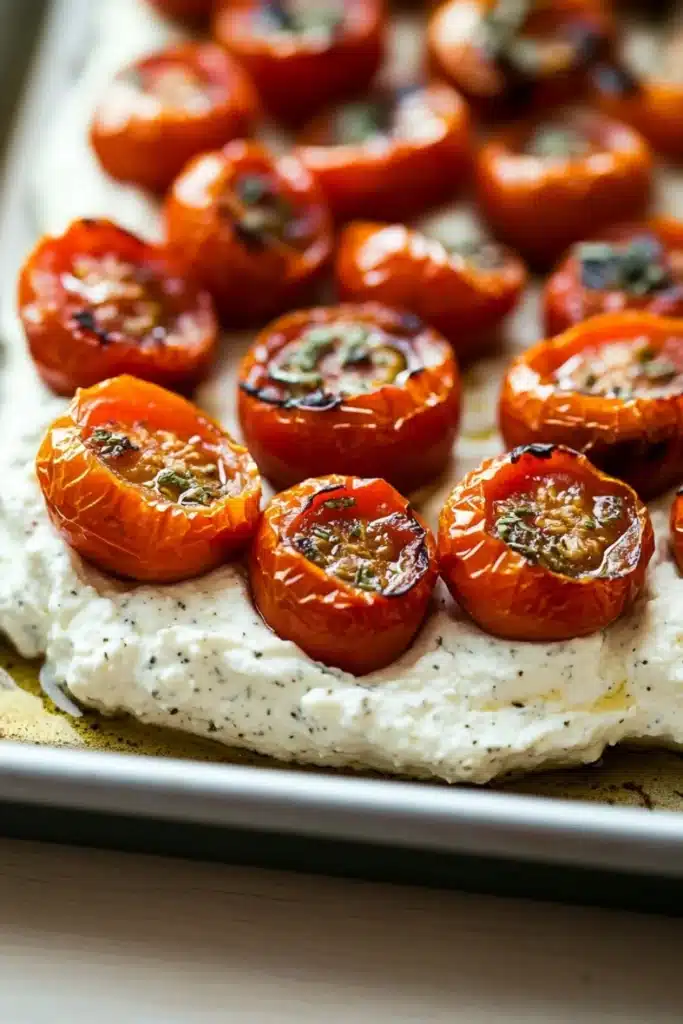 Whipped feta dip roasted tomatoes - the image shows a tray of roasted cherry tomatoes on a baking sheet. the tomatoes are arranged in a circular pattern on the tray, with some overlapping each other. they are bright red in color and appear to be seasoned with herbs and spices. on top of the tomatoes, there is a layer of creamy white sauce, which looks like feta cheese. the tray is lined with parchment paper, and the background is blurred, making the tomatoes the focal point of the image.