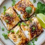 White fish asian - the image shows a plate of grilled fish with sesame seeds and green onions on top. the fish appears to be halibut, with a golden brown color and a crispy texture. the plate is garnished with fresh cilantro and lime wedges. there are also a few slices of lime on the side of the plate. the background is a wooden table with a white cloth napkin.
