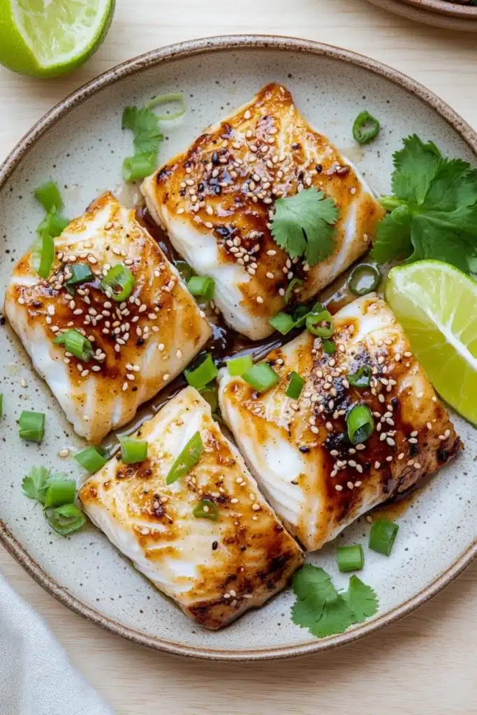 White fish asian - the image shows a plate of grilled fish with sesame seeds and green onions on top. the fish appears to be halibut, with a golden brown color and a crispy texture. the plate is garnished with fresh cilantro and lime wedges. there are also a few slices of lime on the side of the plate. the background is a wooden table with a white cloth napkin.