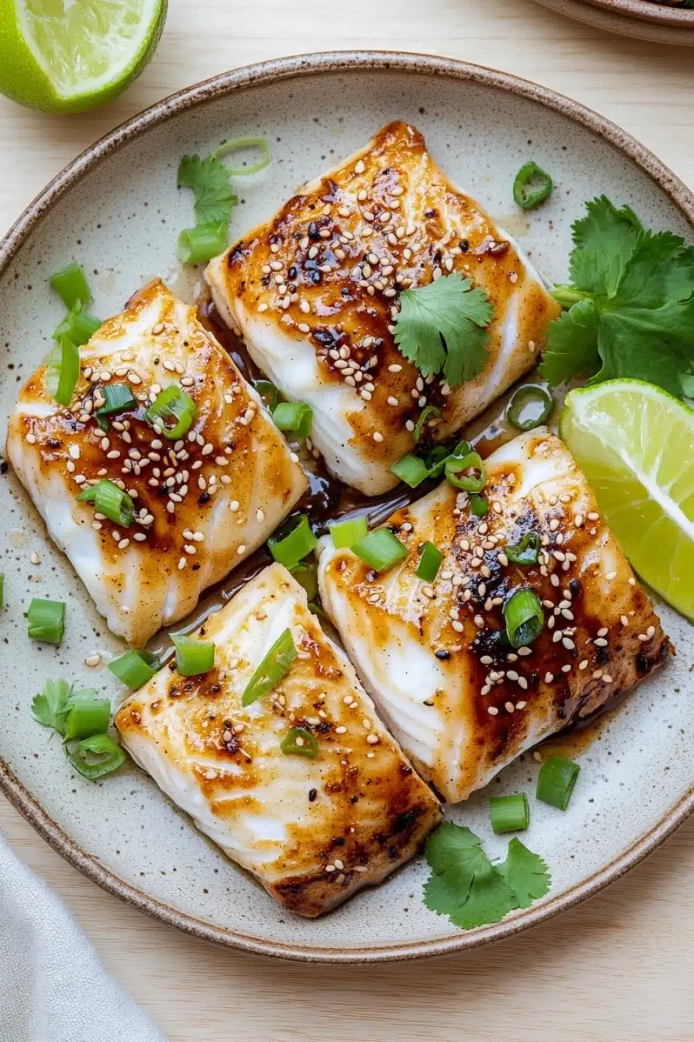 White fish asian - the image shows a plate of grilled fish with sesame seeds and green onions on top. the fish appears to be halibut, with a golden brown color and a crispy texture. the plate is garnished with fresh cilantro and lime wedges. there are also a few slices of lime on the side of the plate. the background is a wooden table with a white cloth napkin.