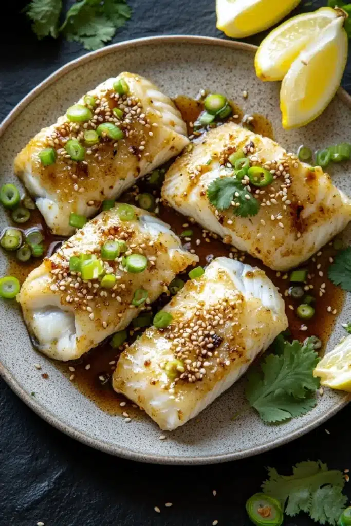 White fish asian - the image shows a plate of four pieces of fish fillets covered in sesame seeds and green onions. the fillets are arranged in a circular pattern on a dark grey plate. there are two lemon wedges on the side of the plate and a sprig of cilantro on the right side. the plate is garnished with a few sprigs of parsley. the overall presentation of the dish is elegant and appetizing.