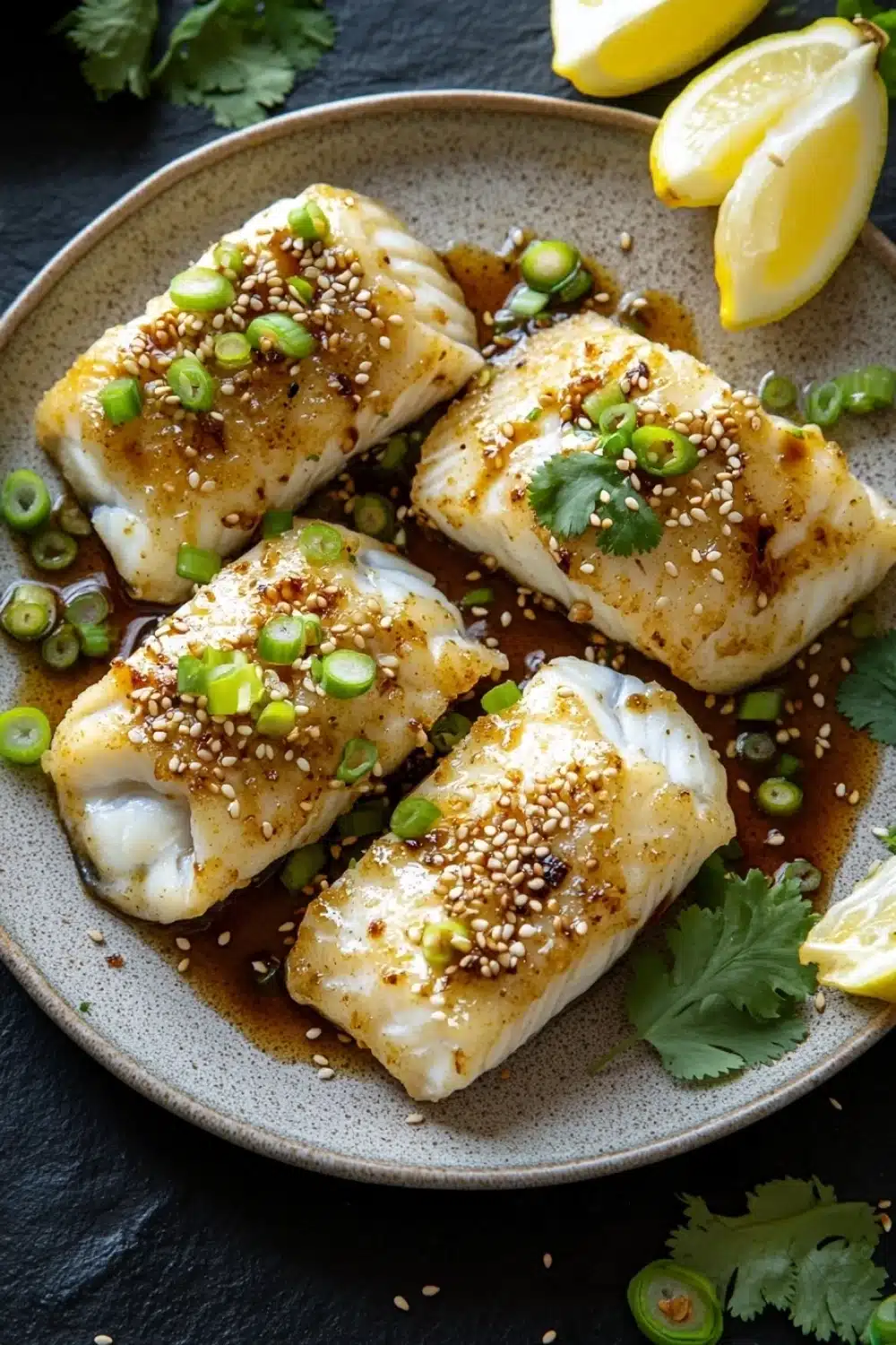 White fish asian - the image shows a plate of four pieces of fish fillets covered in sesame seeds and green onions. the fillets are arranged in a circular pattern on a dark grey plate. there are two lemon wedges on the side of the plate and a sprig of cilantro on the right side. the plate is garnished with a few sprigs of parsley. the overall presentation of the dish is elegant and appetizing.