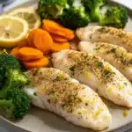 White fish dinner - the image shows a plate of cooked fish fillets on a white marble countertop. the fillets are golden brown and appear to be seasoned with herbs and spices. on the left side of the plate, there are sliced carrots and broccoli, and on the right side, there is a slice of lemon. the plate is garnished with a sprig of parsley. the background is blurred, but it appears to be a kitchen countertop with a gray cloth napkin.