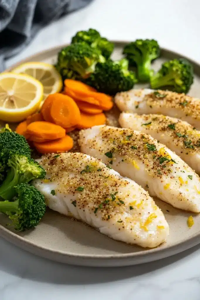 White fish dinner - the image shows a plate of cooked fish fillets on a white marble countertop. the fillets are golden brown and appear to be seasoned with herbs and spices. on the left side of the plate, there are sliced carrots and broccoli, and on the right side, there is a slice of lemon. the plate is garnished with a sprig of parsley. the background is blurred, but it appears to be a kitchen countertop with a gray cloth napkin.