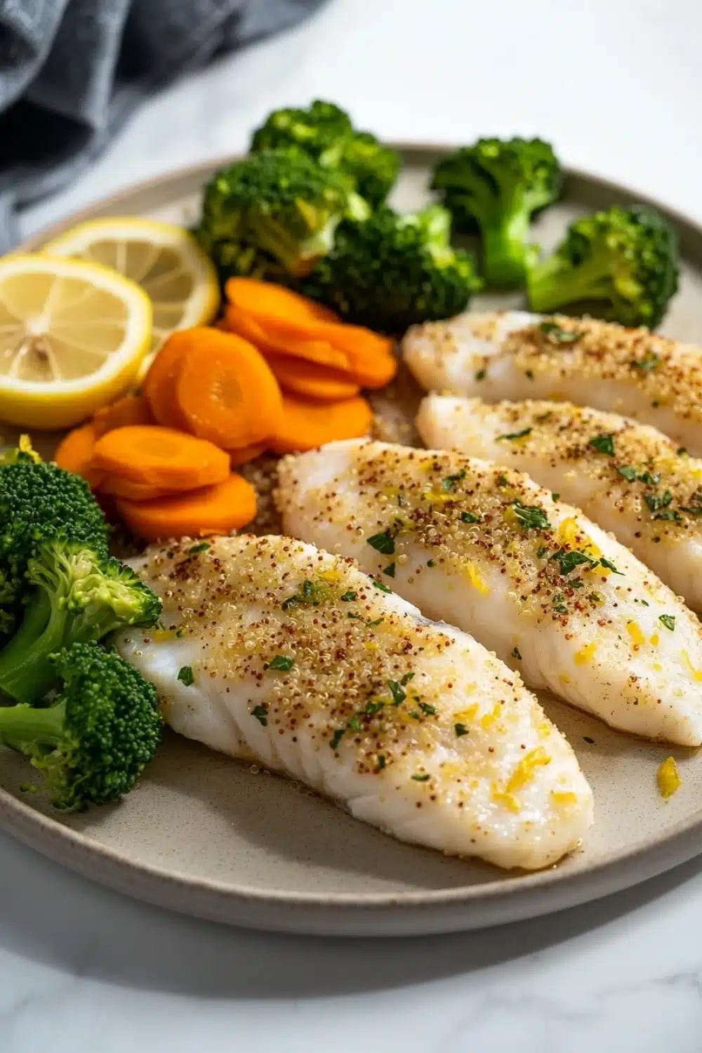 White fish dinner - the image shows a plate of cooked fish fillets on a white marble countertop. the fillets are golden brown and appear to be seasoned with herbs and spices. on the left side of the plate, there are sliced carrots and broccoli, and on the right side, there is a slice of lemon. the plate is garnished with a sprig of parsley. the background is blurred, but it appears to be a kitchen countertop with a gray cloth napkin.