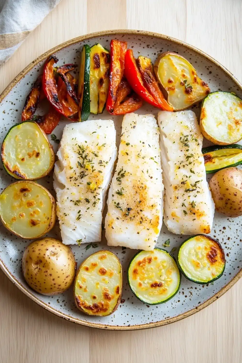 White fish dinner - the image shows a plate of food on a wooden table. on the plate, there are three pieces of fish fillets arranged in a circular pattern. the fillets are golden brown and appear to be seasoned with herbs and spices. next to the fillets, there is a serving of roasted vegetables, including zucchini, red bell peppers, and yellow squash. the vegetables are arranged in an appetizing manner, with some of them overlapping each other. the plate is garnished with a sprig of parsley. the background is blurred, but it appears to be a kitchen countertop.