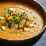 Zucchini and butternut squash soup - the image is a close-up of a bowl of orange-colored soup. the soup appears to be thick and creamy, with chunks of carrots and zucchini visible in the broth. the bowl is made of ceramic and has a brown rim. it is garnished with a sprig of fresh parsley. the background is a dark grey textured surface, possibly a table or countertop. the overall mood of the image is warm and inviting.