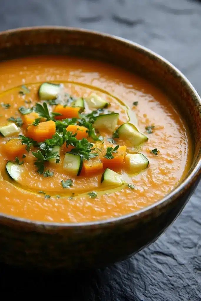 Zucchini and butternut squash soup - the image is a close-up of a bowl of orange-colored soup. the soup appears to be thick and creamy, with chunks of carrots and zucchini visible in the broth. the bowl is made of ceramic and has a brown rim. it is garnished with a sprig of fresh parsley. the background is a dark grey textured surface, possibly a table or countertop. the overall mood of the image is warm and inviting.