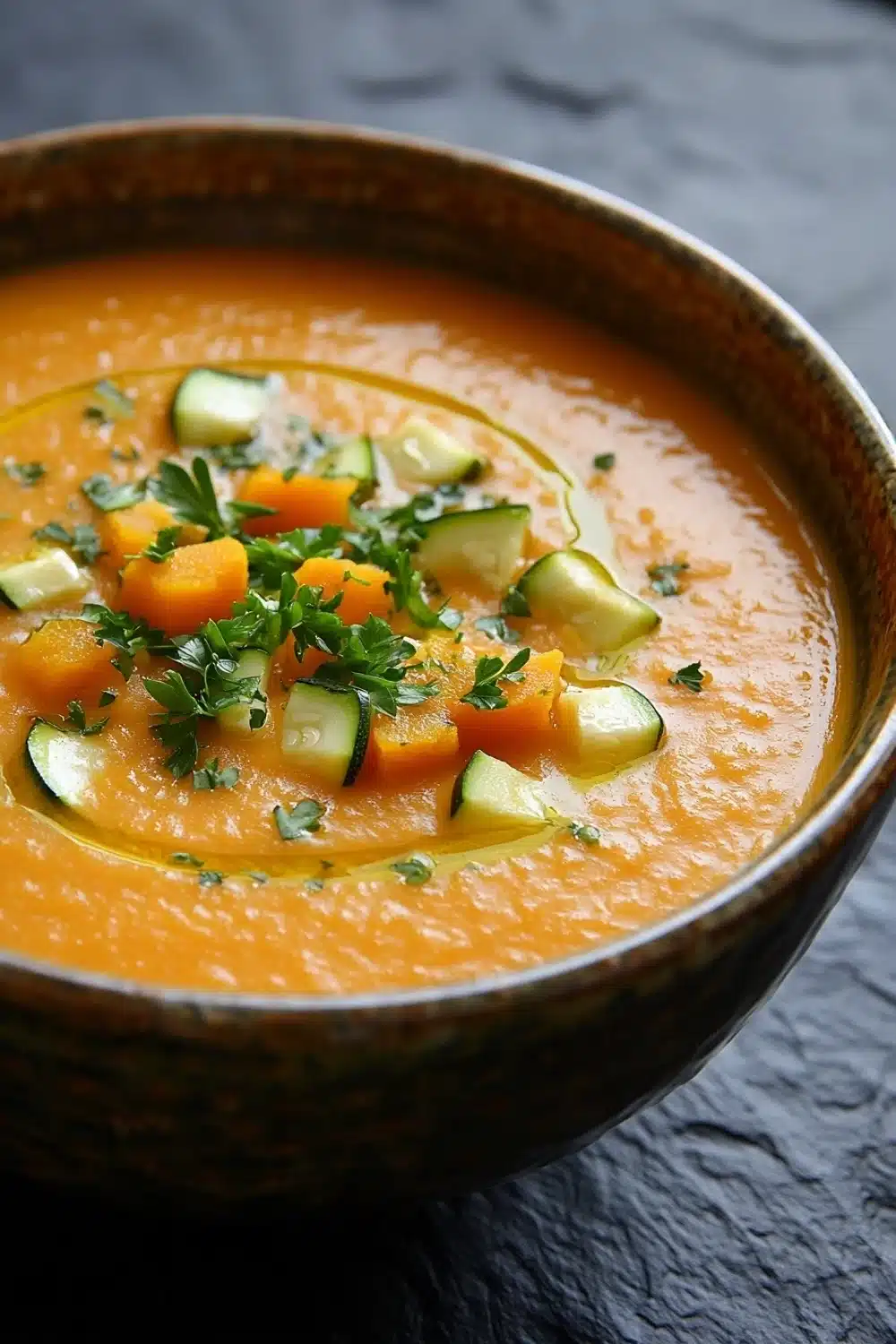 Zucchini and butternut squash soup - the image is a close-up of a bowl of orange-colored soup. the soup appears to be thick and creamy, with chunks of carrots and zucchini visible in the broth. the bowl is made of ceramic and has a brown rim. it is garnished with a sprig of fresh parsley. the background is a dark grey textured surface, possibly a table or countertop. the overall mood of the image is warm and inviting.