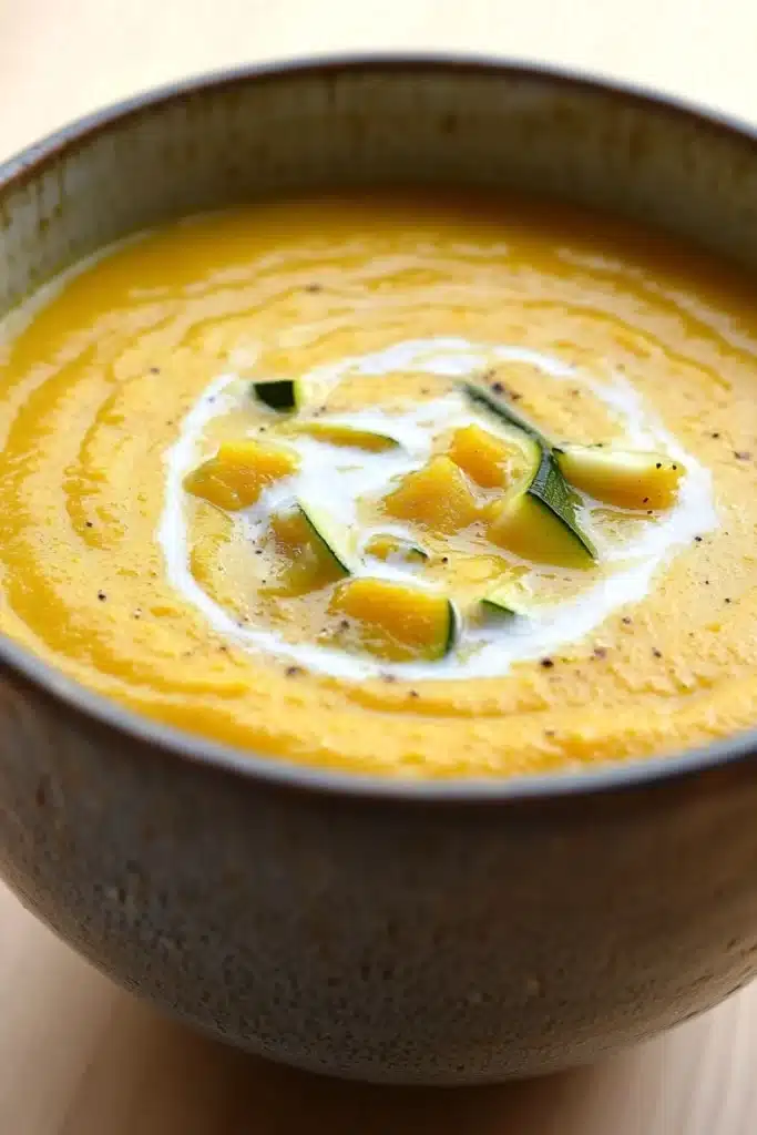 Zucchini and butternut squash soup - the image is a close-up of a bowl of orange-colored soup. the soup appears to be thick and creamy, with a smooth texture. on top of the soup, there are small pieces of sliced zucchini arranged in a circular pattern. the bowl is made of ceramic and has a dark brown color. the background is blurred, making the soup the focal point of the image.