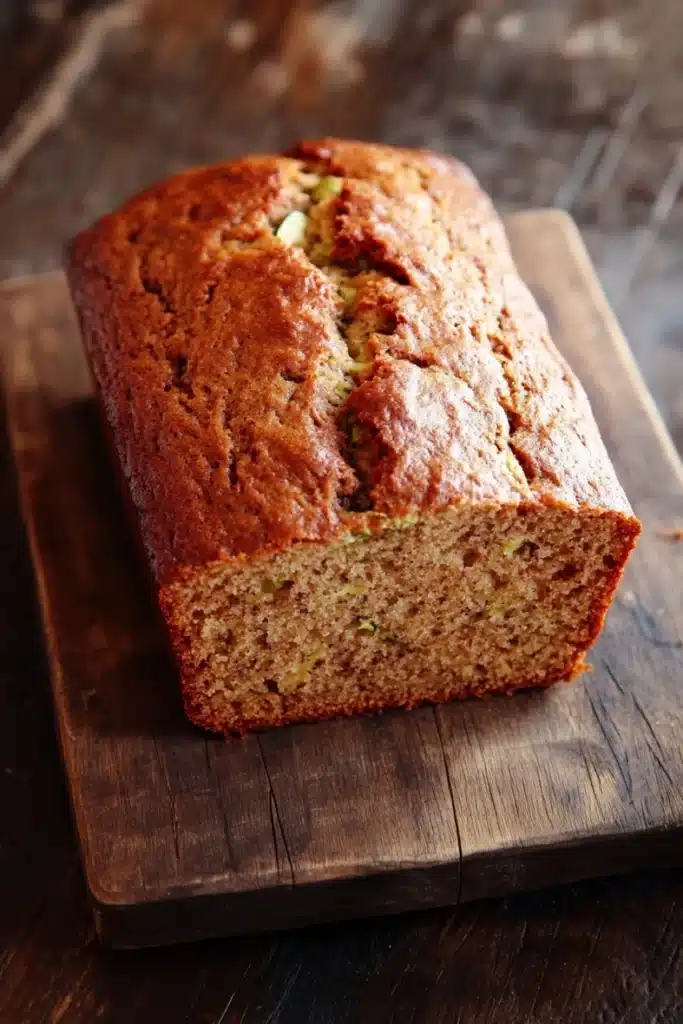 Zucchini banana bread - the image shows a freshly baked loaf of bread on a wooden cutting board. the bread appears to be golden brown in color and has a slightly crumbly texture. it is cut in half, revealing the soft, fluffy interior. the cutting board is placed on a dark wooden table with a rustic, weathered look. the background is blurred, making the bread the focal point of the image.
