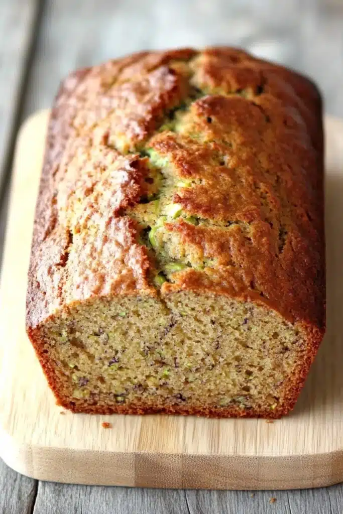 Zucchini banana bread - the image shows a freshly baked loaf of bread on a wooden cutting board. the bread appears to be golden brown in color and has a slightly crumbly texture. it is cut in half, revealing the soft, fluffy interior. the edges of the bread are slightly frayed, indicating that it has been freshly baked. the cutting board is placed on a gray wooden table with a rustic background.