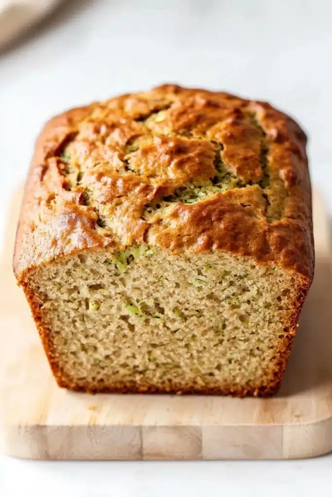 Zucchini bread extra moist - the image shows a freshly baked loaf of bread on a wooden cutting board. the bread appears to be golden brown in color and has a crumbly texture. it is topped with zucchini seeds, which are visible in the center of the loaf. the loaf is sitting on a white countertop with a blurred background.