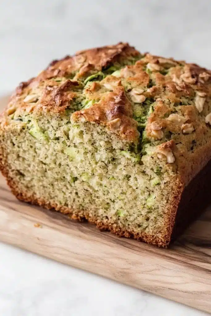Zucchini bread extra moist - the image shows a freshly baked loaf of bread on a wooden cutting board. the bread appears to be a zucchini bread with a golden brown crust and a soft, fluffy interior. the top of the bread is covered in chopped nuts, giving it a crunchy texture. the cutting board is placed on a white marble countertop.