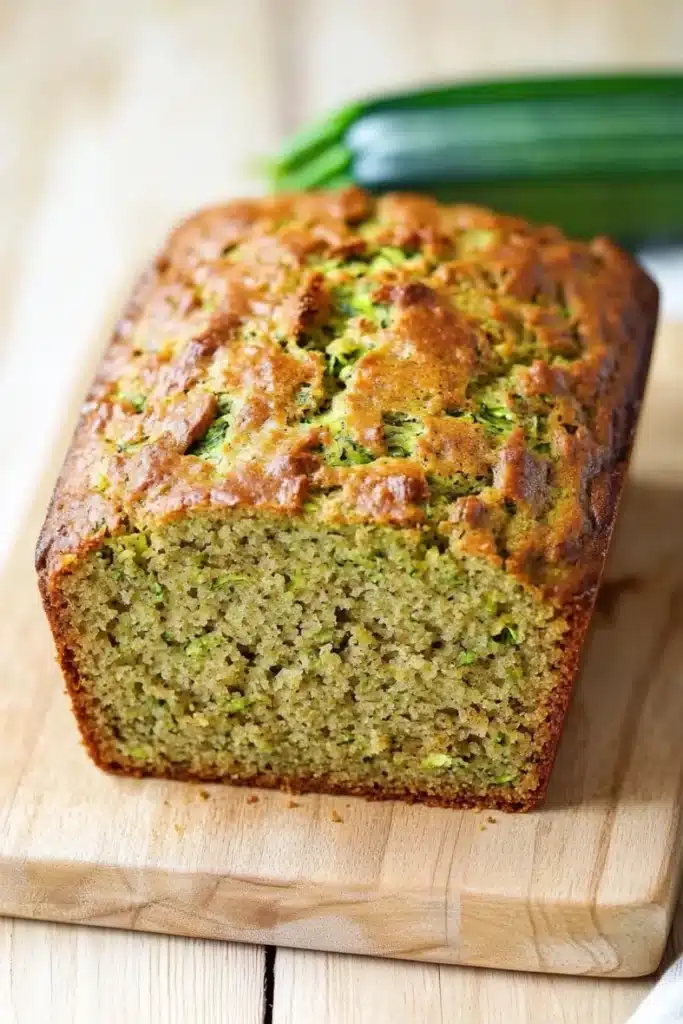Zucchini bread gluten free dairy free - the image shows a freshly baked loaf of zucchini bread on a wooden cutting board. the bread is golden brown in color and has a crumbly texture. it appears to be moist and fluffy, with visible zucchinis and herbs scattered throughout. in the background, there is a whole zucchi, which is a bright green color and is slightly blurred. a white cloth napkin is visible on the right side of the image.