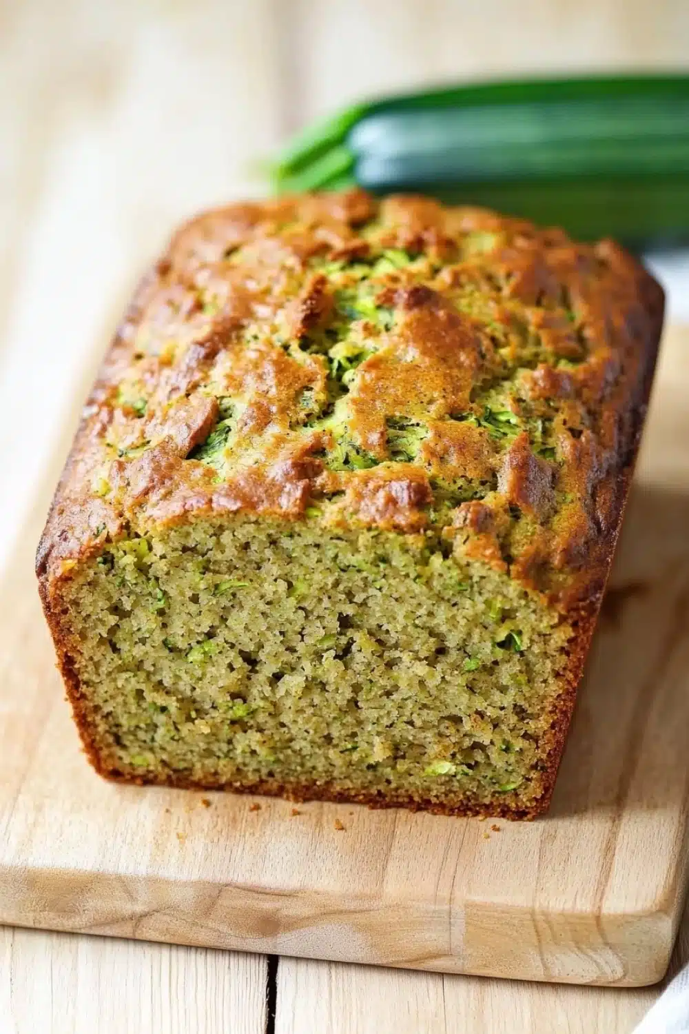 Zucchini bread gluten free dairy free - the image shows a freshly baked loaf of zucchini bread on a wooden cutting board. the bread is golden brown in color and has a crumbly texture. it appears to be moist and fluffy, with visible zucchinis and herbs scattered throughout. in the background, there is a whole zucchi, which is a bright green color and is slightly blurred. a white cloth napkin is visible on the right side of the image.
